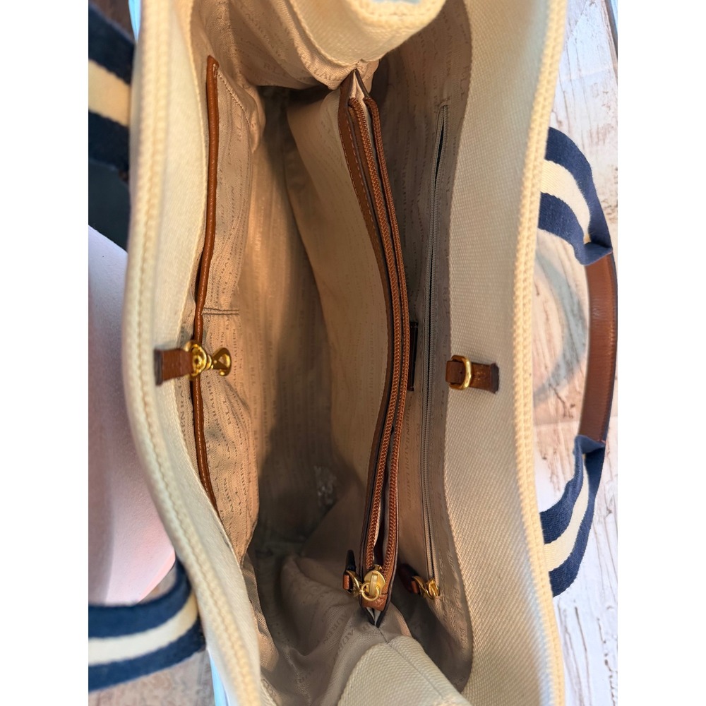 Lauren Ralph Lauren Canvas Tote Bag Nautical Anchor Crest Cream Navy Brown LRL - Picture 2 of 2